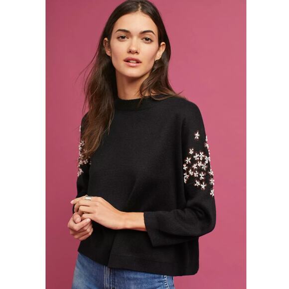 Anthropologie Lili Sidonio Molly Bracken Knit Sweater Black Medium Floral Beaded - Picture 1 of 4
